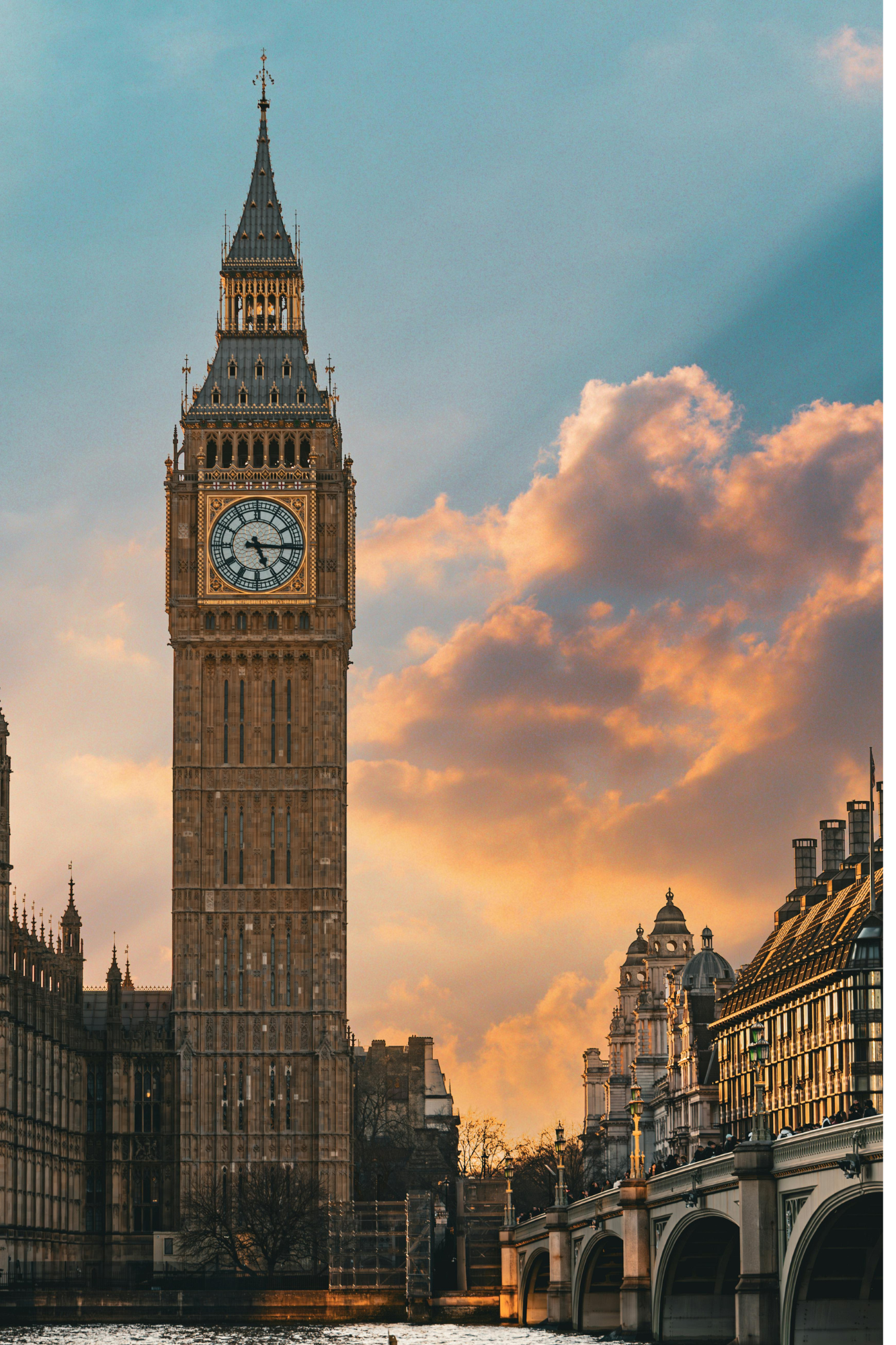 Elizabeth Tower (Big Ben) and the Palace of Westminster at sunset, with warm golden light over the River Thames and Westminster Bridge — the London home of Ascendant Ventures.